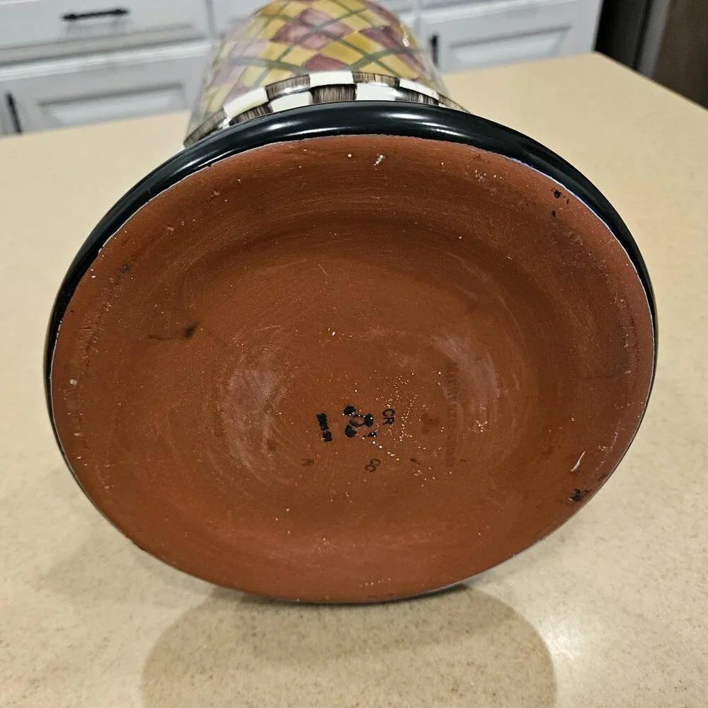 RARE MACKENZIE CHILDS ARGYLE PLAID AURORA CERAMIC COLUMN STORAGE CANISTER JAR